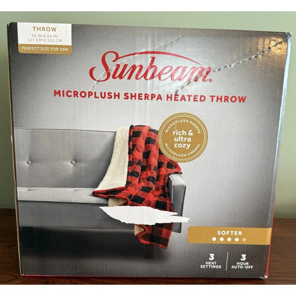 Sunbeam Electric Microplush SHERPA Heated Throw Blanket, Red Black Plaid 50 x 60